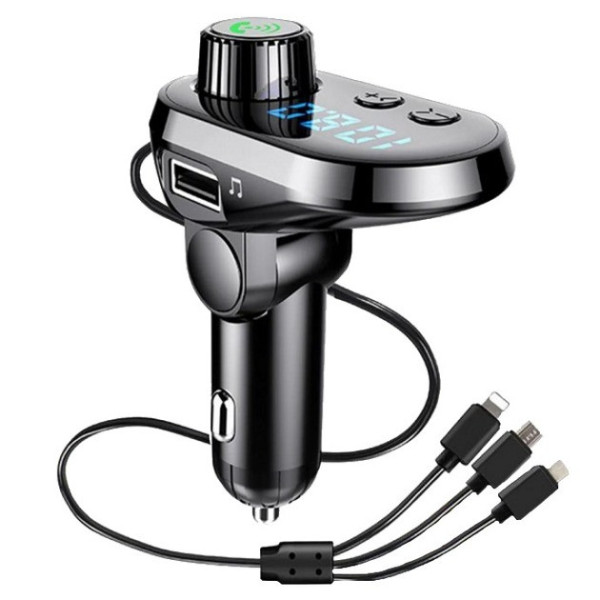 Автомобильный FM модулятор Q15-BT с Bluetooth, дисплеем, USB и кабелями Type-C, Micro USB, Lightning, быстрой