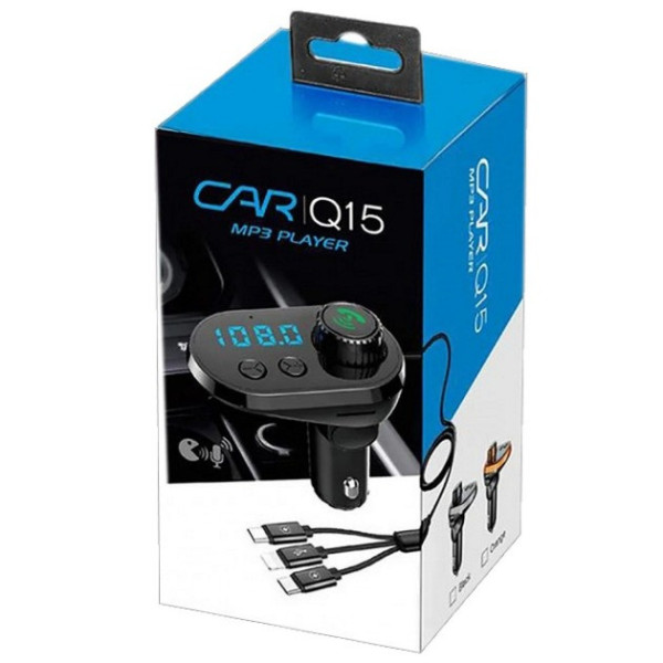 Автомобильный FM модулятор Q15-BT с Bluetooth, дисплеем, USB и кабелями Type-C, Micro USB, Lightning, быстрой