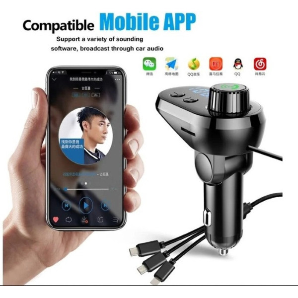 Автомобильный FM модулятор Q15-BT с Bluetooth, дисплеем, USB и кабелями Type-C, Micro USB, Lightning, быстрой