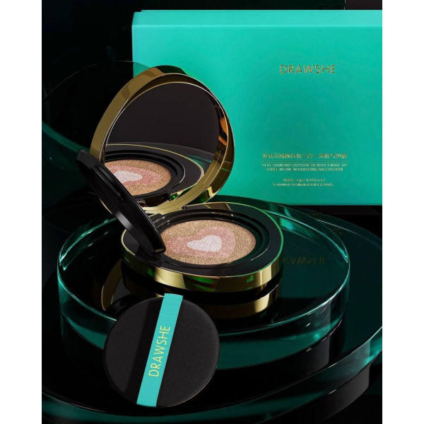 Увлажняющий тональный кушон Drawshe Emerald Crystal Glow с трехцветным эффектом и заменяемым блоком, 24 г для