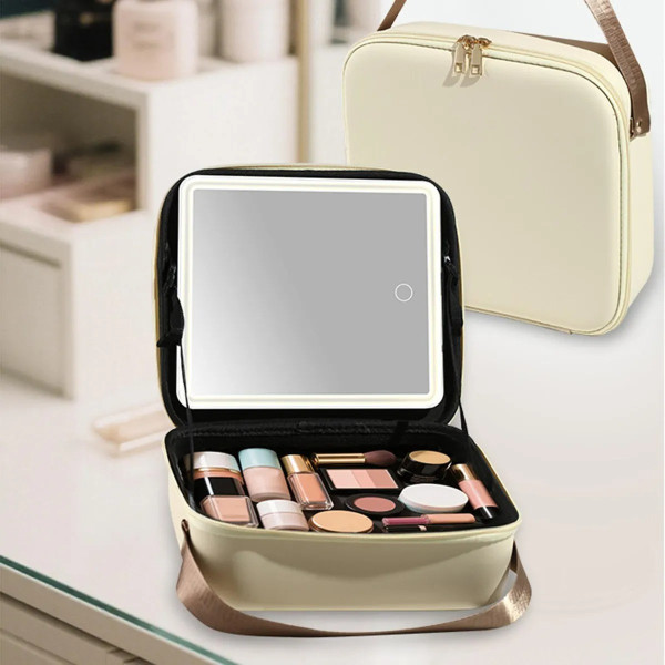 Органайзер для макіяжу з дзеркалом і LED-світлом дорожній бежевий