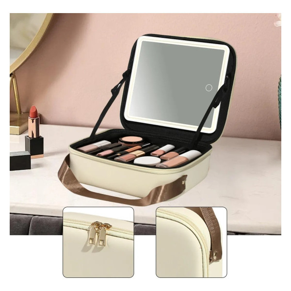Органайзер для макіяжу з дзеркалом і LED-світлом дорожній бежевий