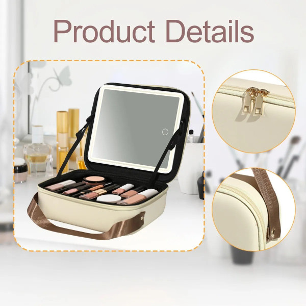 Органайзер для макіяжу з дзеркалом і LED-світлом дорожній бежевий
