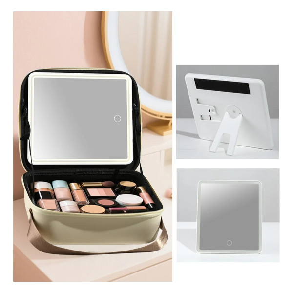 Органайзер для макіяжу з дзеркалом і LED-світлом дорожній бежевий