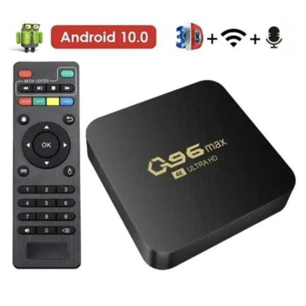 Смарт TV приставка Q96 MAX с Android 10, 4K, Wi-Fi, память 1 ГБ RAM и 8 ГБ ROM, питание от сети 220 В