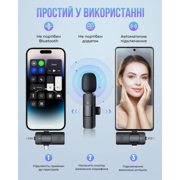 Петличный Bluetooth микрофон K15 3в1 для записи и трансляций