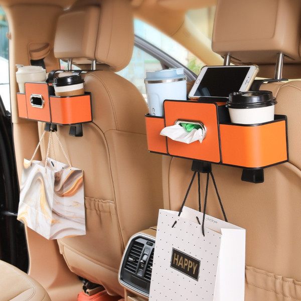 Автоорганайзер DriveTidy на підголівник із тримачами та відсіком для серветок жовтогарячий