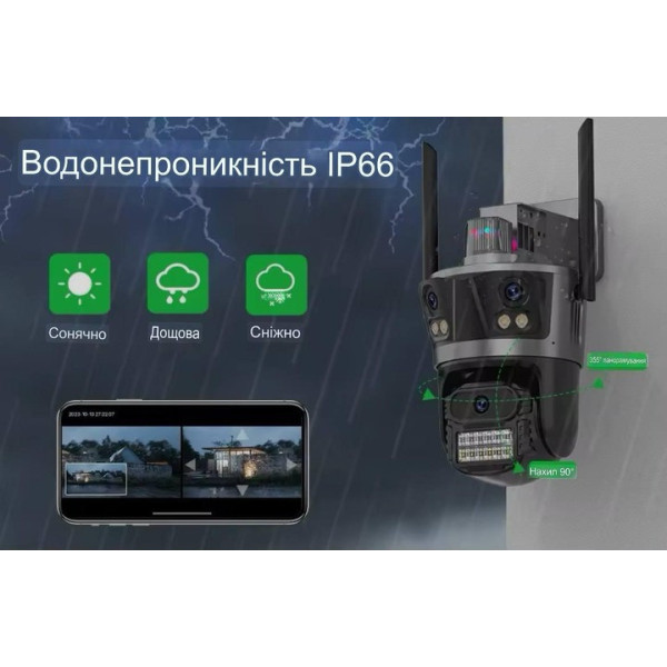 Уличная IP-камера Icsee XM77 с Wi-Fi и тремя объективами 12 МП для круглосуточного видеонаблюдения