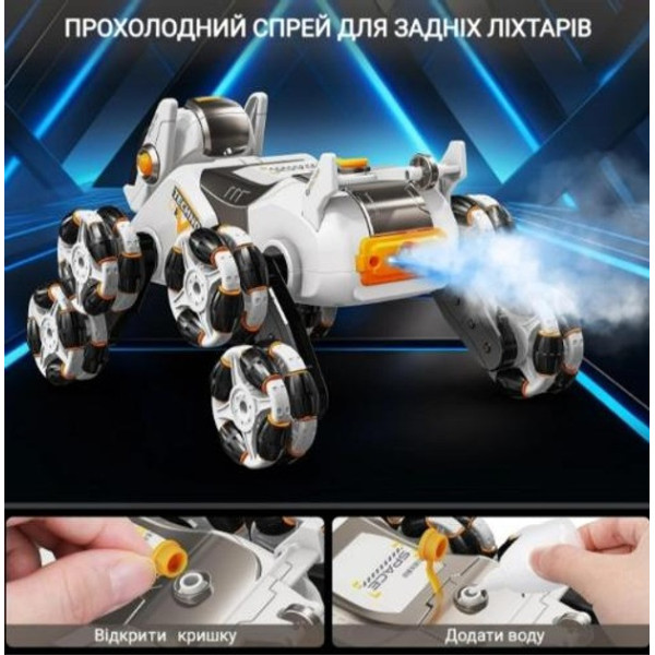 Робот-собака з вісьмома колесами парою та світловими ефектами