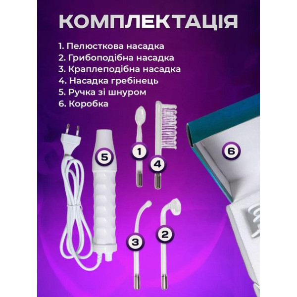Прилад дарсонваль для догляду за обличчям і волоссям із 4 змінними насадками