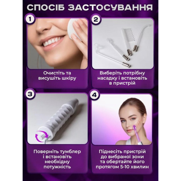 Прилад дарсонваль для догляду за обличчям і волоссям із 4 змінними насадками