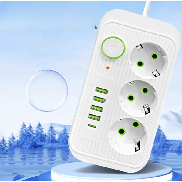 Мережевой фильтр-подовжувач Power Socket F09U с 3 розетками, 4 USB-портами включая Type-C, 2 м