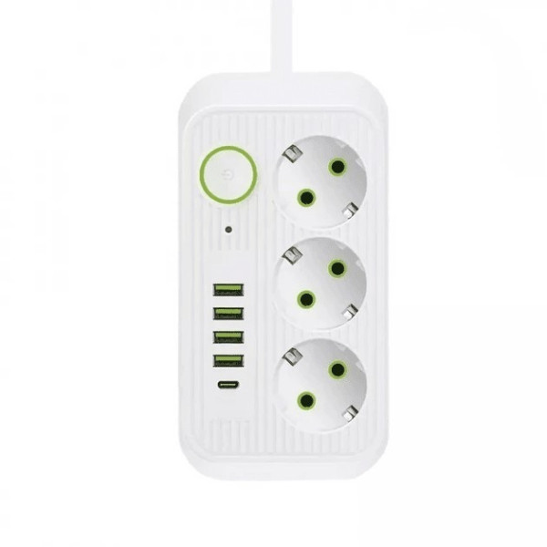 Мережевой фильтр-подовжувач Power Socket F09U с 3 розетками, 4 USB-портами включая Type-C, 2 м