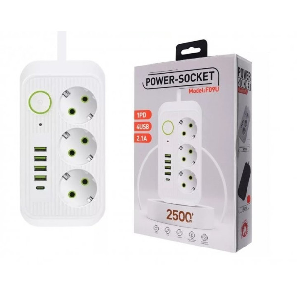 Мережевой фильтр-подовжувач Power Socket F09U с 3 розетками, 4 USB-портами включая Type-C, 2 м