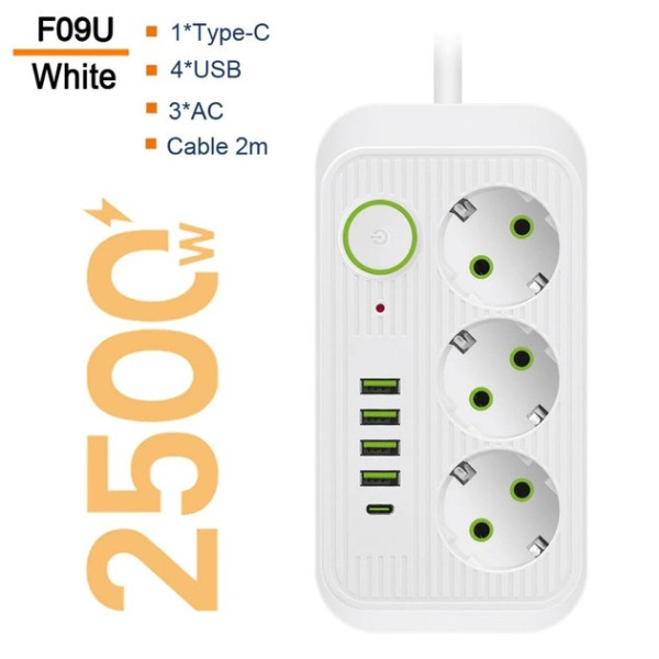 Мережевой фильтр-подовжувач Power Socket F09U с 3 розетками, 4 USB-портами включая Type-C, 2 м