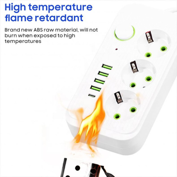 Мережевой фильтр-подовжувач Power Socket F09U с 3 розетками, 4 USB-портами включая Type-C, 2 м