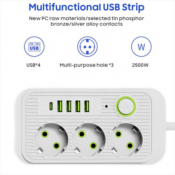 Мережевой фильтр-подовжувач Power Socket F09U с 3 розетками, 4 USB-портами включая Type-C, 2 м