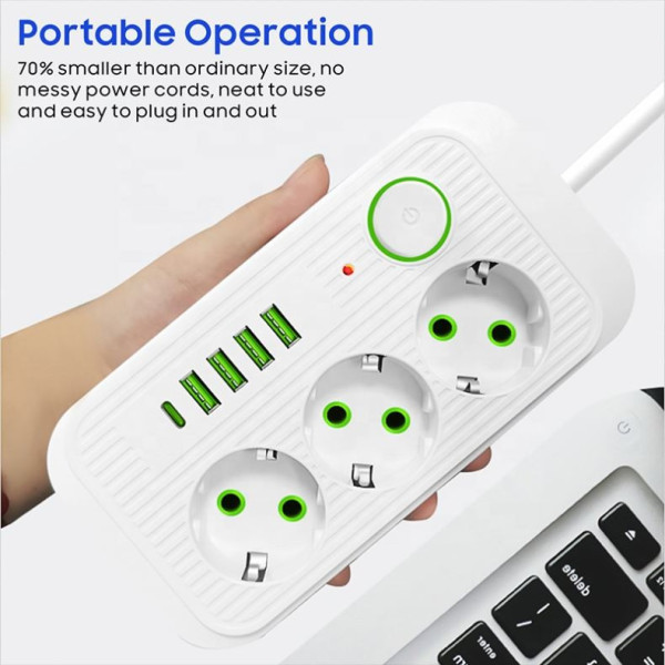 Мережевой фильтр-подовжувач Power Socket F09U с 3 розетками, 4 USB-портами включая Type-C, 2 м