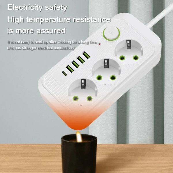 Мережевой фильтр-подовжувач Power Socket F09U с 3 розетками, 4 USB-портами включая Type-C, 2 м