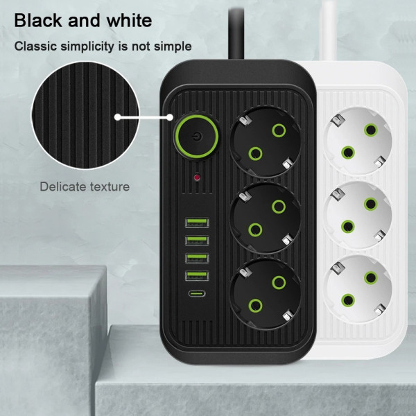 Мережевой фильтр-подовжувач Power Socket F09U с 3 розетками, 4 USB-портами включая Type-C, 2 м
