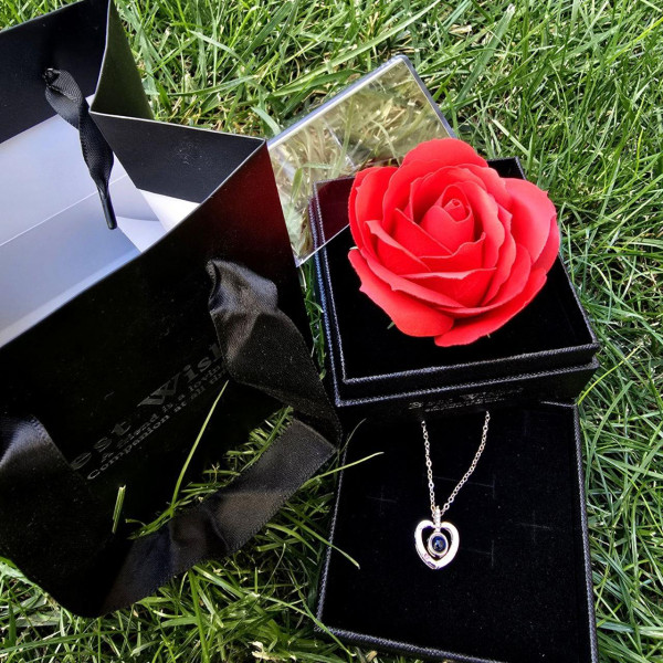 Подарункова скринька (коробочка) з трояндою з мила та кольє I Love You Рожева