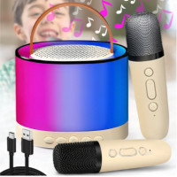 Портативна Bluetooth-колонка K52 з 2 караоке мікрофонами, бежевий колір, RGB-підсвітка, акумулятор до 12 годин