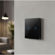 Двоканальний розумний сенсорний вимикач чорний, без нульового проводу, скло + вогнестійкий пластик