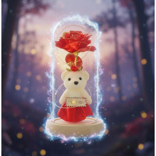 Кришталева троянда в колбі з ведмедиком і сердечком I Love You/Подарунковий сувенір із трояндою "I Love You" світильник