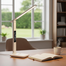 Настільна LED-лампа 868S з акумулятором, годинником, термометром і підставкою для телефона, біла