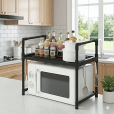 Кухонна металева полиця-підставка для мікрохвильовки з гачками, дворівнева етажерка-органайзер