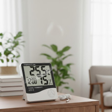 Електронний цифровий термометр HTC-2 гігрометр із виносним датчиком і годинником Білий