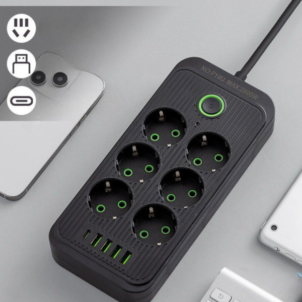 Мережевой удлинитель с 6 розетками и 5 USB портами с выключателем для питания электроники