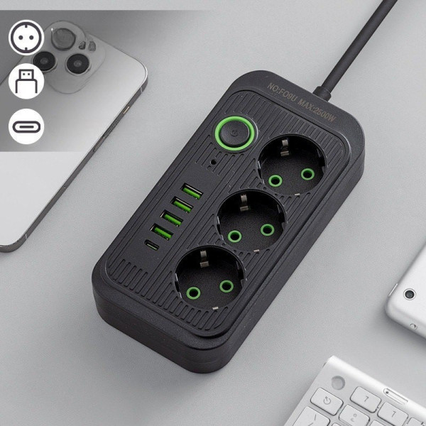 Сетевой разветвитель с 3 розетками, 5 USB и Type-C, шнур 2 м, черный и белый
