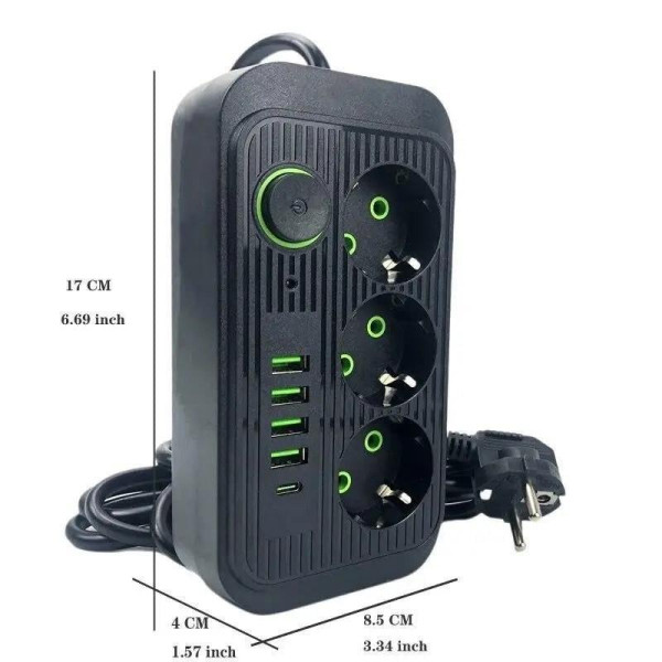 Сетевой разветвитель с 3 розетками, 5 USB и Type-C, шнур 2 м, черный и белый