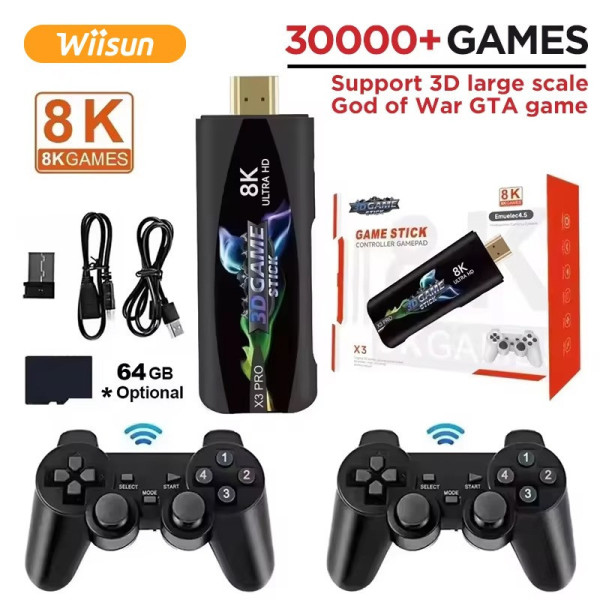 Портативная игровая консоль Game Stick X3 Plus 8K с HDMI, джойстиками, контроллером и пультом управления