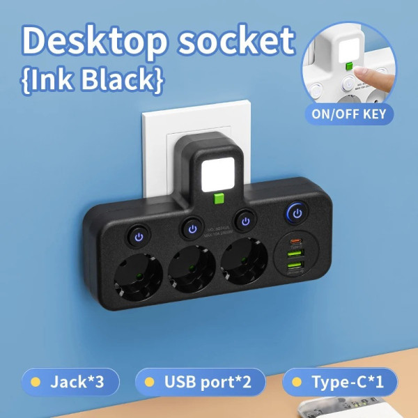 Мережевой фильтр-подовжитель AND 5378 с 3 розетками и USB для питания приборов с выключателем