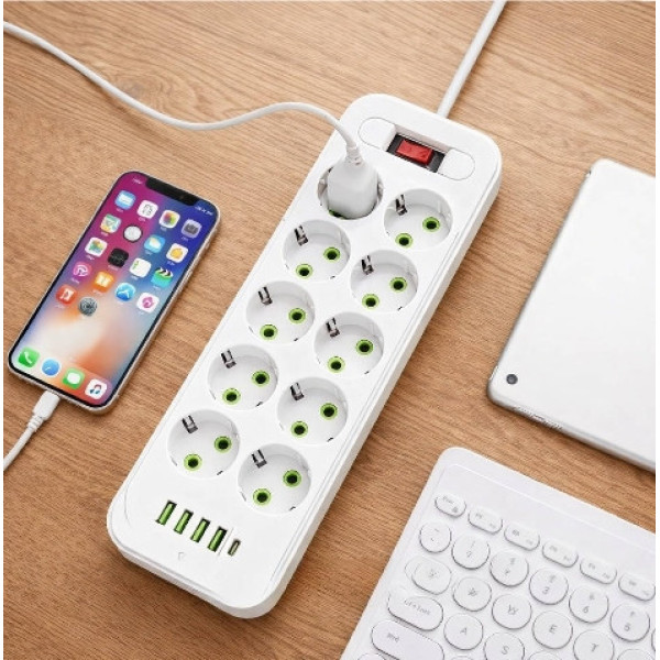 Мережевой фильтр-переноска D10 с 10 розетками и USB Type-C PD, длина 5 м
