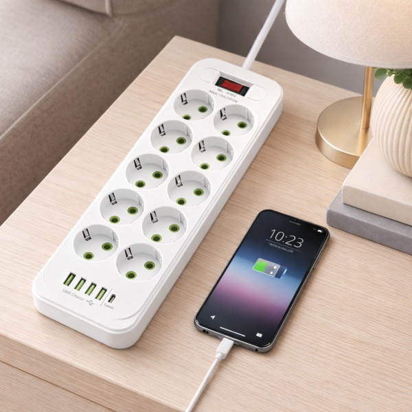 Мережевой фильтр-переноска D10 с 10 розетками и USB Type-C PD, длина 5 м