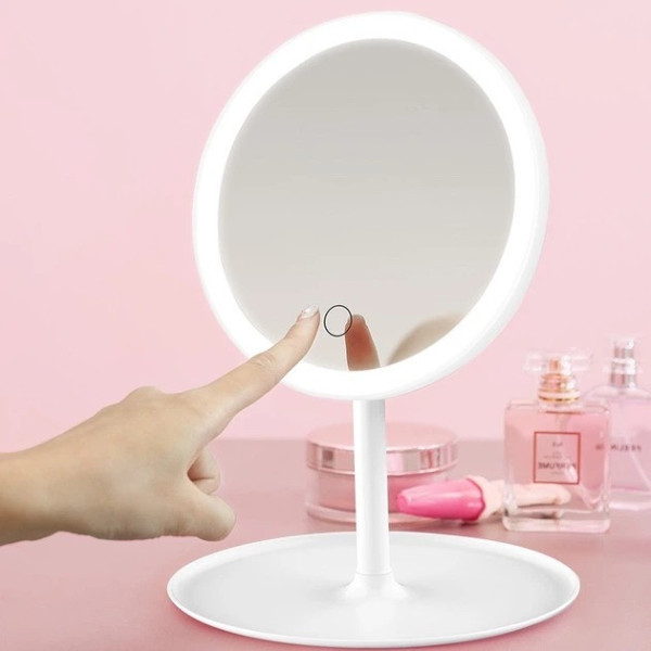 Настольное косметическое зеркало AMIRO LED с сенсорной подсветкой и аккумулятором, круглое, портативное