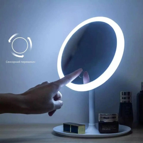 Настольное косметическое зеркало AMIRO LED с сенсорной подсветкой и аккумулятором, круглое, портативное