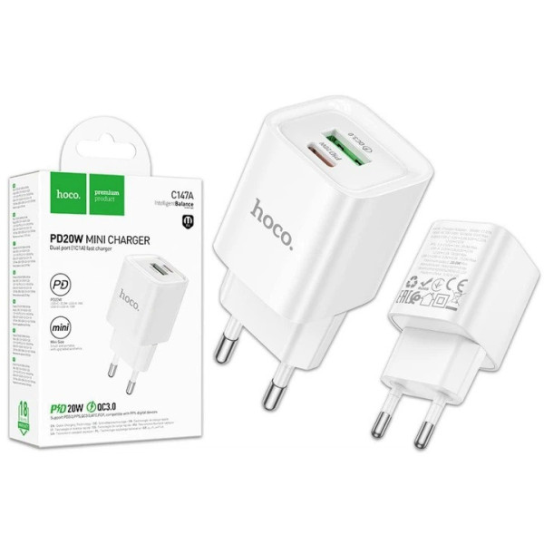Сетевой адаптер HOCO C147A с двумя USB-портами Type-C, 20 Вт, поддержка PD и QC 3.0