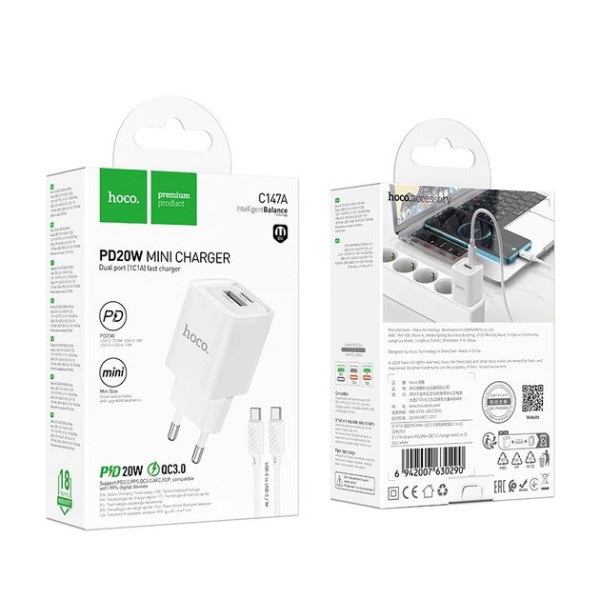 Сетевой адаптер HOCO C147A с двумя USB-портами Type-C, 20 Вт, поддержка PD и QC 3.0