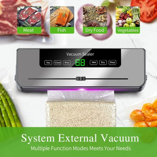Вакуумный упаковщик для продуктов с LED экраном и встроенным ножом для хранения сухих продуктов