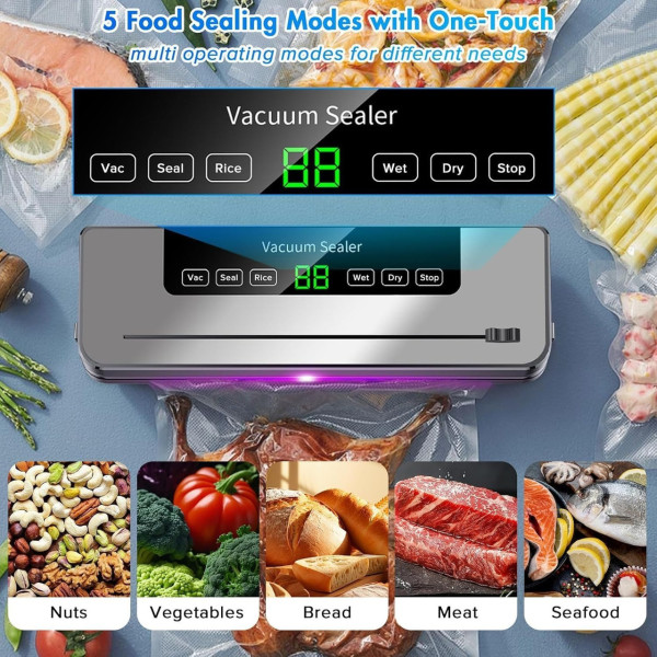 Вакуумный упаковщик для продуктов с LED экраном и встроенным ножом для хранения сухих продуктов