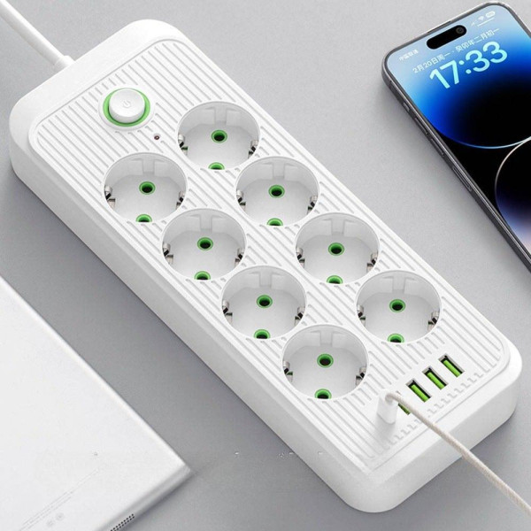 Сетевой удлинитель с 8 розетками и 5 USB портами, кнопка включения, длина 2 м