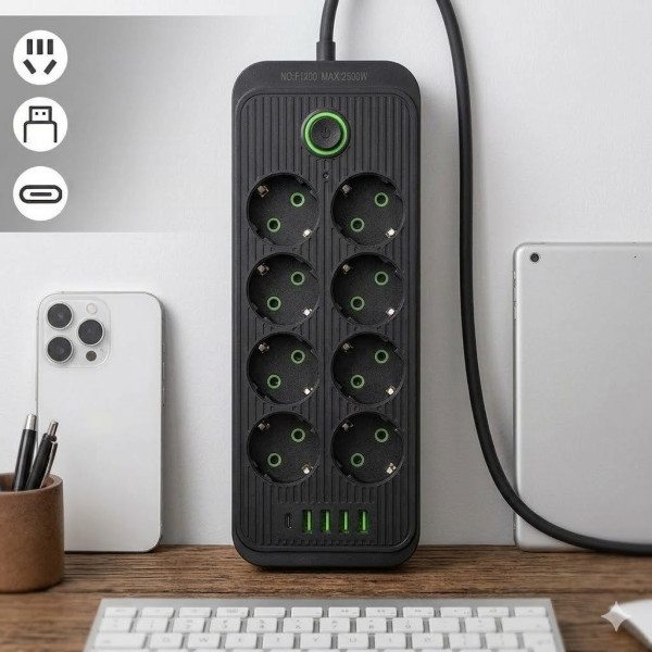Сетевой удлинитель с 8 розетками и 5 USB портами, кнопка включения, длина 2 м