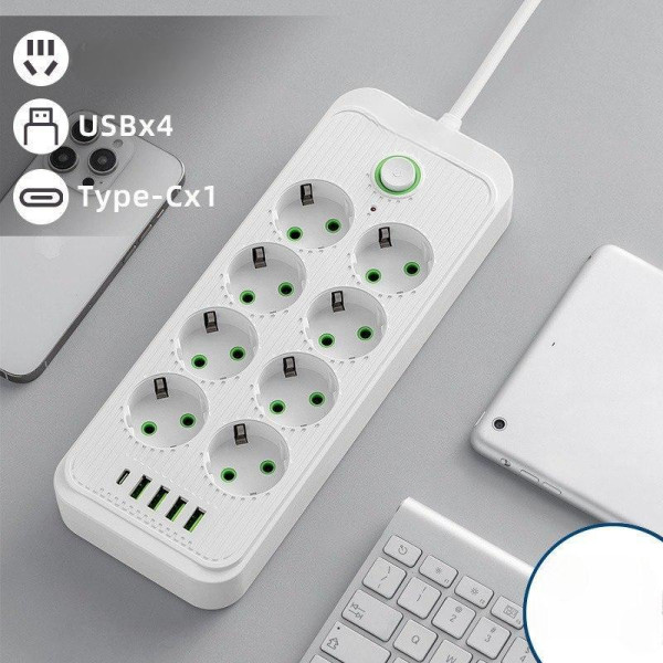 Сетевой удлинитель с 8 розетками и 5 USB портами, кнопка включения, длина 2 м
