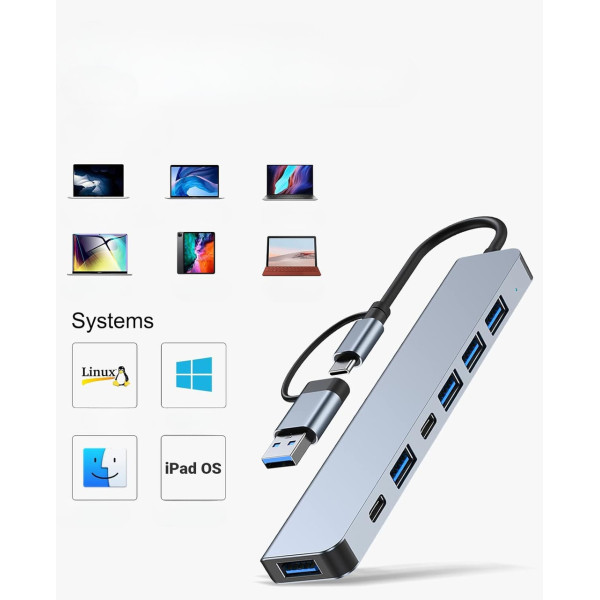 USB Type-C хаб 7 в 1 с 5 USB портами 2.0 и 3.0 для ноутбука и ПК серый разветвитель