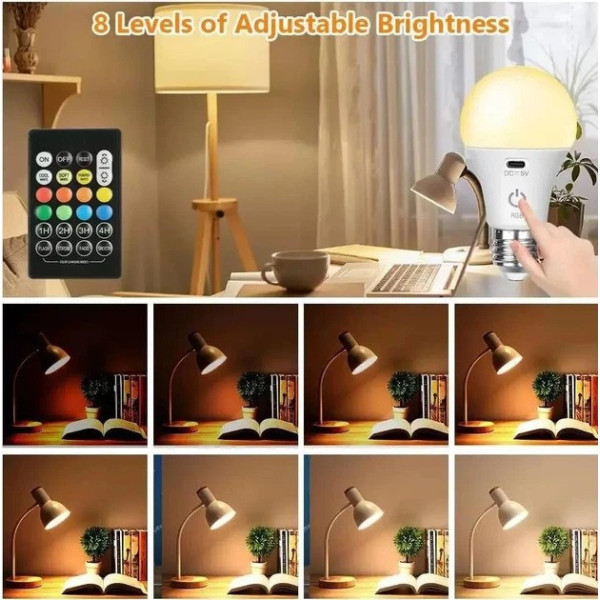 Аккумуляторная светодиодная лампа E27 A65 LED RGB с пультом и USB-зарядкой