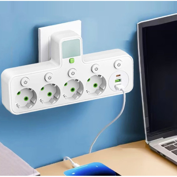 Мережевой фильтр-удлинитель с 4 розетками и USB Type-C, с выключателем и подсветкой